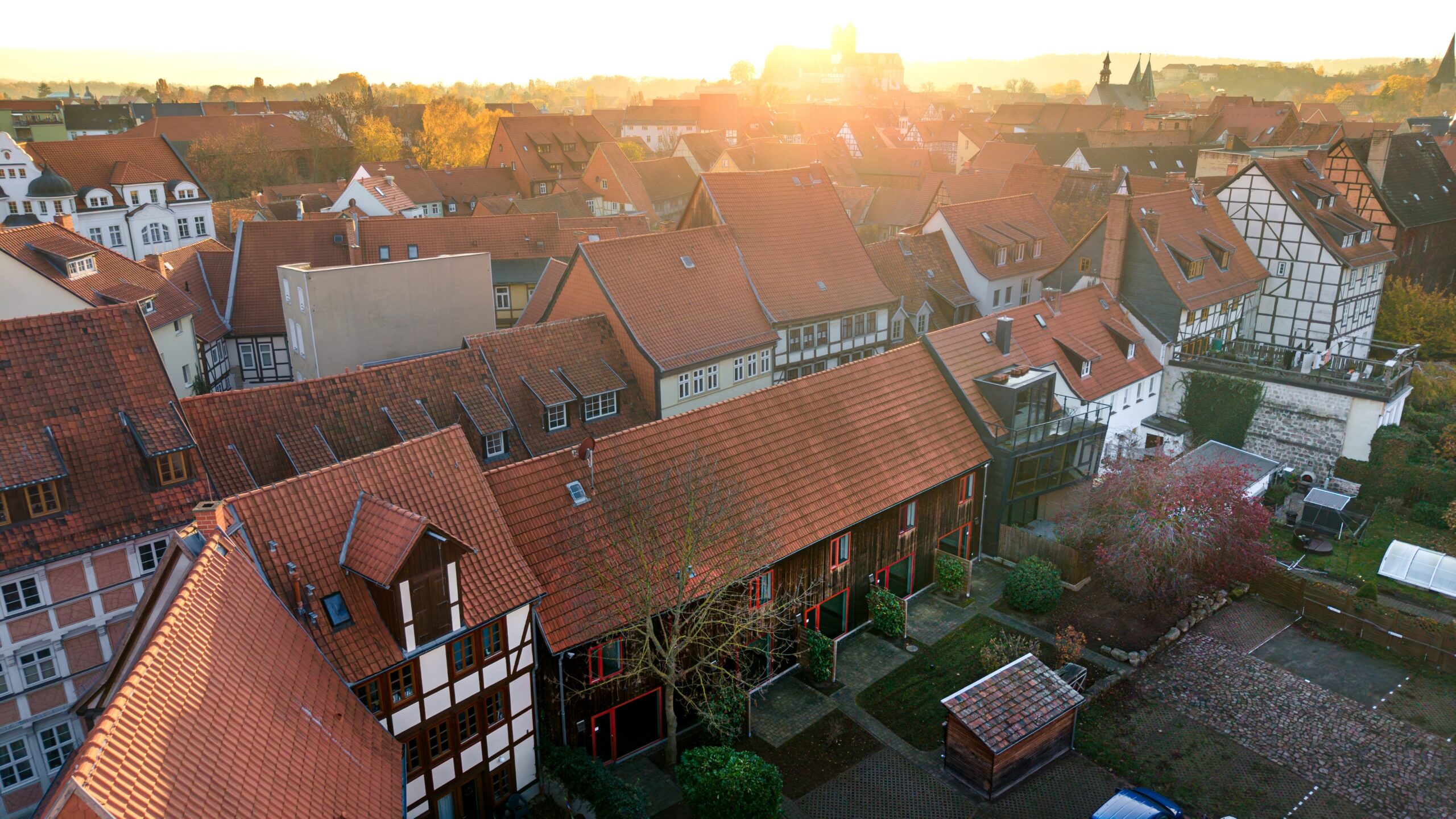 Holzhaus mit Garten und Büschen